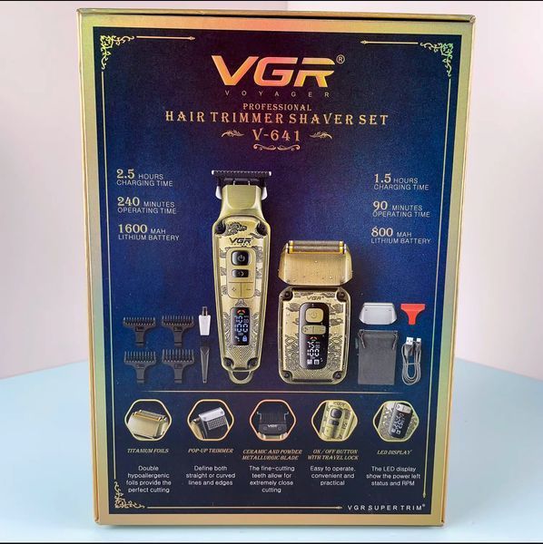 Display чоловічий набір VGR V-641, машинка для стрижки + бритва шейвер, 4 насадки, LED display VGR V-641 фото