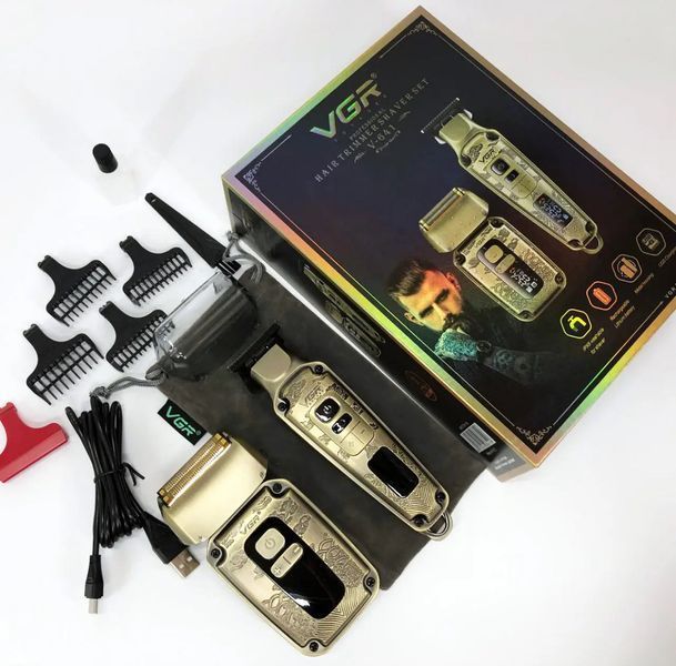 Display чоловічий набір VGR V-641, машинка для стрижки + бритва шейвер, 4 насадки, LED display VGR V-641 фото