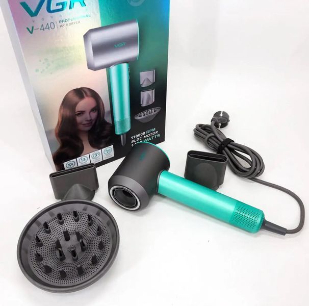 Фен професійний VGR V-440 GREEN, 3 рівні обдування, 3 рівні температури, 11000 RPM 3 насадки VGR V-440 фото