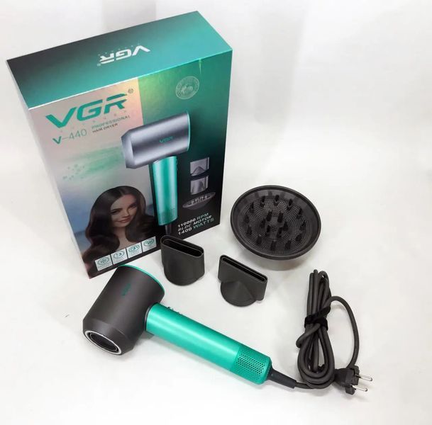 Фен професійний VGR V-440 GREEN, 3 рівні обдування, 3 рівні температури, 11000 RPM 3 насадки VGR V-440 фото