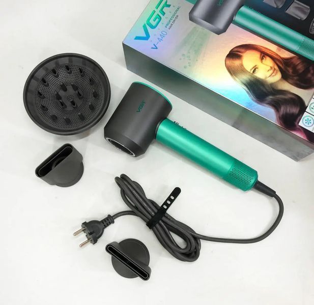 Фен професійний VGR V-440 GREEN, 3 рівні обдування, 3 рівні температури, 11000 RPM 3 насадки VGR V-440 фото