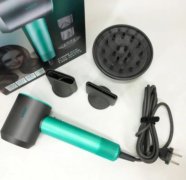 Фен професійний VGR V-440 GREEN, 3 рівні обдування, 3 рівні температури, 11000 RPM 3 насадки VGR V-440 фото